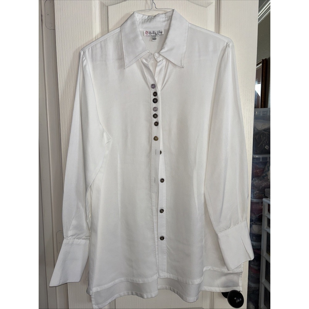 Belle Sky Womens Large Oversized White Button Up Long Sleeved Blouse 3658